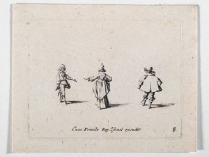 Nainen, jolla on ojennettu käsi, takaapäin katsottuna, ja kaksi ratsumiestä, teoksesta Les Fantaisies de Noble J. Callot ... (kaiverrus) tekijältä Jacques Callot