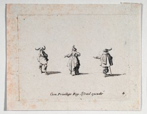Nainen ojennetulla kädellä ja kaksi ratsumiestä, ... (kaiverrus) tekijältä Jacques Callot