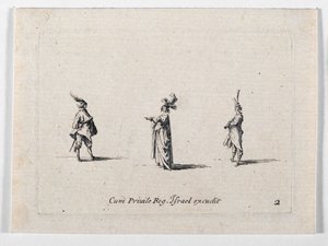 Nainen, jolla on sulkahattu ja kaksi ratsumiestä, ... (kaiverrus) tekijältä Jacques Callot