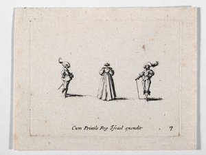Rikkaasti laskostettuun pukuun pukeutunut nainen selästä katsottuna ja kaksi ratsumiestä, teoksesta Les Fantaisies de Noble J. Callot ... (kaiverrus). tekijältä Jacques Callot