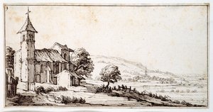 Jokimaisema lähellä Nancya, Maxevillen kylän kirkko ja toinen keskellä, Israel Silvestren albumista, n. 1630 (kynä ja muste paperille)