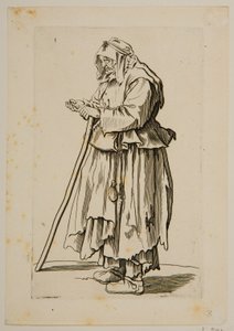 Kerjäläinen nainen saa almua (etsaus) tekijältä Jacques Callot