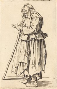 Kerjäläinen nainen vastaanottaa hyväntekeväisyyttä, n. 1622. tekijältä Jacques Callot