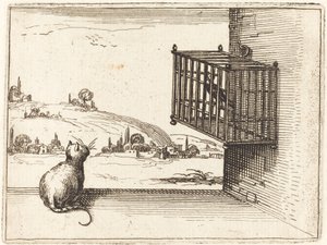 Kissa katselee häkkilintua tekijältä Jacques Callot