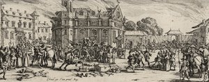 Luostarin tuho 1633 (etsaus paperille) tekijältä Jacques Callot
