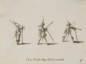 Musketin ampuminen, lautanen yhdeksän sotilasharjoituksista tekijältä Jacques Callot