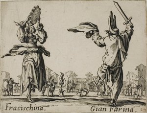 Fracischina - Gian Farina, lautanen 17 alkaen Balli di Sfessania -teoksesta tekijältä Jacques Callot