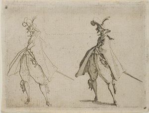 Herrasmies suuressa viitassa, edestä katsottuna, elokuvasta The Caprices (Kapriisit) tekijältä Jacques Callot