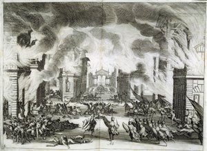 Kuvitus näytelmästä "Soliman" (Il Solimano). Prospero Bonarellin tragedia, V näytös, V kohtaus, 8. joulukuuta. tekijältä Jacques Callot