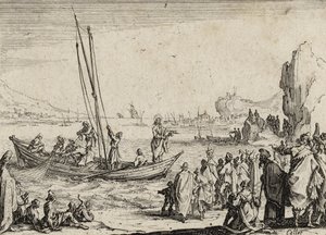 Jeesus saarnaa meren rannalla, 1635 tekijältä Jacques Callot