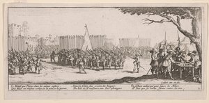 Joukkojen ilmoittautuminen, kuvitus teoksesta The Large Miseries of War tekijältä Jacques Callot