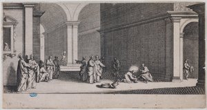 Suuri passio, jalkojen pesu. Ensimmäinen numero 7 lehden sarjasta (Lieure 281, Meaume 12) tekijältä Jacques Callot