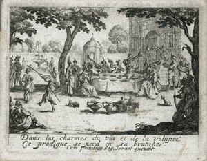 Tuhlaajapojan elämä... (kaiverrus) tekijältä Jacques Callot