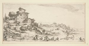 La chasse au cerf (hirvenmetsästys kartanon lähellä), Giovanni de Medicin maisemista tekijältä Jacques Callot
