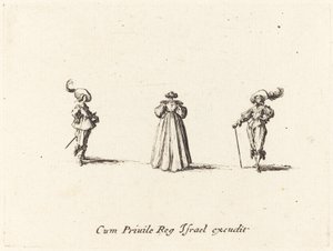 Nainen takaa nähtynä ja kaksi herraa tekijältä Jacques Callot