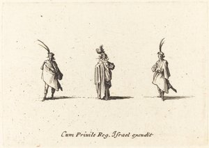 Nainen pitkässä viitassa ja kaksi herraa tekijältä Jacques Callot