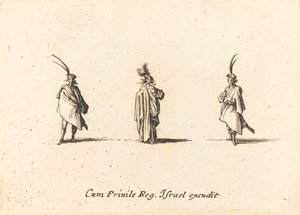 Nainen pitkässä viitassa ja kaksi herraa tekijältä Jacques Callot