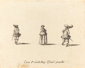 Nainen kädet ristissä ja kaksi herraa tekijältä Jacques Callot