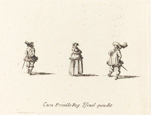 Nainen kädet ristissä ja kaksi herraa tekijältä Jacques Callot