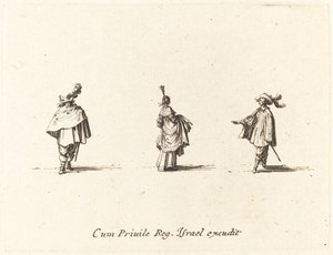 Nainen pukeutuneena kokoontuneet ja kaksi herraa tekijältä Jacques Callot