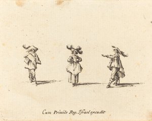 Nainen, jolla on suuret höyhenet, ja kaksi herraa tekijältä Jacques Callot