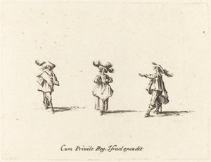 Nainen, jolla on suuret höyhenet, ja kaksi herraa tekijältä Jacques Callot