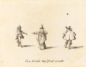 Nainen ojennetulla käsivarrella, takaa katsottuna ja kaksi herraa tekijältä Jacques Callot