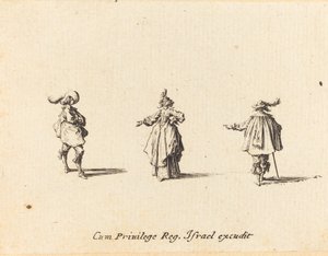 Nainen ojennetulla käsivarrella ja kaksi herraa tekijältä Jacques Callot