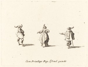 Nainen ojennetulla kädellä ja kaksi herraa, luultavasti 1634. tekijältä Jacques Callot