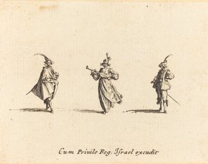 Nainen jousisoittimella ja kaksi herraa tekijältä Jacques Callot