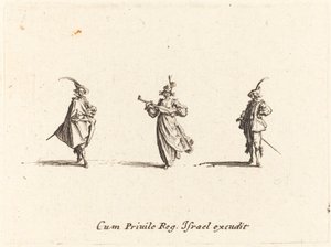 Nainen jousisoittimella ja kaksi herraa tekijältä Jacques Callot