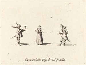 Nainen viinipullon kanssa ja kaksi herraa, luultavasti 1634. tekijältä Jacques Callot