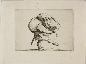 Mies soittaa grilliä viuluna, Varie Figure Gobbi tekijältä Jacques Callot