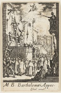 Pyhän Bartolomeuksen marttyyrikuolema, levy yhdeksän Apostolien marttyyrikuolemat -teoksesta. tekijältä Jacques Callot