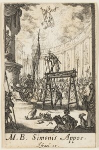 Pyhän Simonin marttyyrikuolema, kymppilevy Apostolien marttyyrikuolemat -teoksesta. tekijältä Jacques Callot