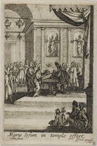 Maria esittelee Kristuksen temppelissä, Neitsyt Marian elämästä. tekijältä Jacques Callot