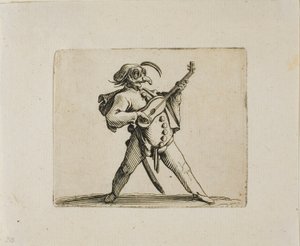 Naamioitunut koomikko soittaa kitaraa, Varie Figure Gobbi tekijältä Jacques Callot