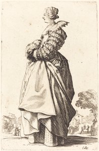 Jalo nainen profiilissa kädet muhvissa tekijältä Jacques Callot