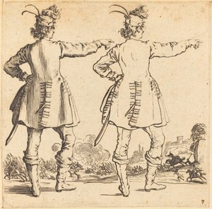 Upseeri, jolla on höyhenet lippassa, takaa katsottuna tekijältä Jacques Callot