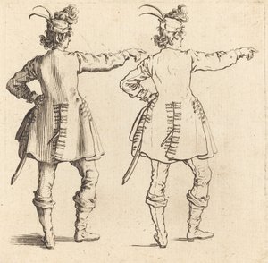 Upseeri, jolla on höyhenet lippassa, takaa katsottuna tekijältä Jacques Callot