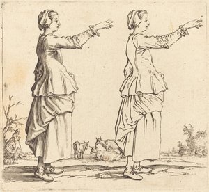 Talonpoikanainen, profiilissa, kasvot oikealle, käsivarsi ojennettuna tekijältä Jacques Callot