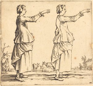 Talonpoikanainen, profiilissa, kasvot oikealle, käsivarsi ojennettuna, 1617 ja 1621. tekijältä Jacques Callot