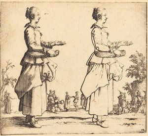Talonpoikanainen korineen, profiilissa, oikealle päin, 1617 ja 1621. tekijältä Jacques Callot