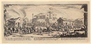 Kylän ryöstö ja polttaminen, lehti 7 sarjasta "Sodan kauhut" tekijältä Jacques Callot