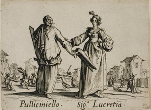Pulliciniello - Signora Lucretia, laatta 9 teoksesta Balli di Sfessania (Balli di Sfessania) tekijältä Jacques Callot