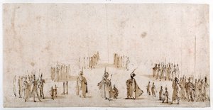 Luonnos hahmoryhmien lavastusta varten "Il Solimanossa" (kynä ja ruskea muste ruskealla pesulla punaisen liidun päällä) tekijältä Jacques Callot