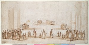 Luonnos hahmoryhmien lavastusta varten "Il Solimanossa" (kynä ja ruskea muste ruskealla pesulla punaisen liidun päällä) tekijältä Jacques Callot