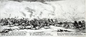 Taistelu, levy 3 teoksesta "The Miseries and Fortunes of War", kaiverrus Israel Henriet (n. 1590-1661) 1633 tekijältä Jacques Callot