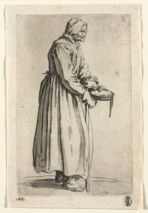 Kerjäläiset: Kerjäläinen nainen almukulhoineen tekijältä Jacques Callot