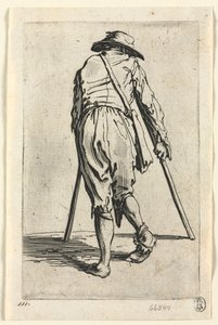 Kerjäläiset: Kerjäläinen kainalosauvoilla, hattu päällään tekijältä Jacques Callot